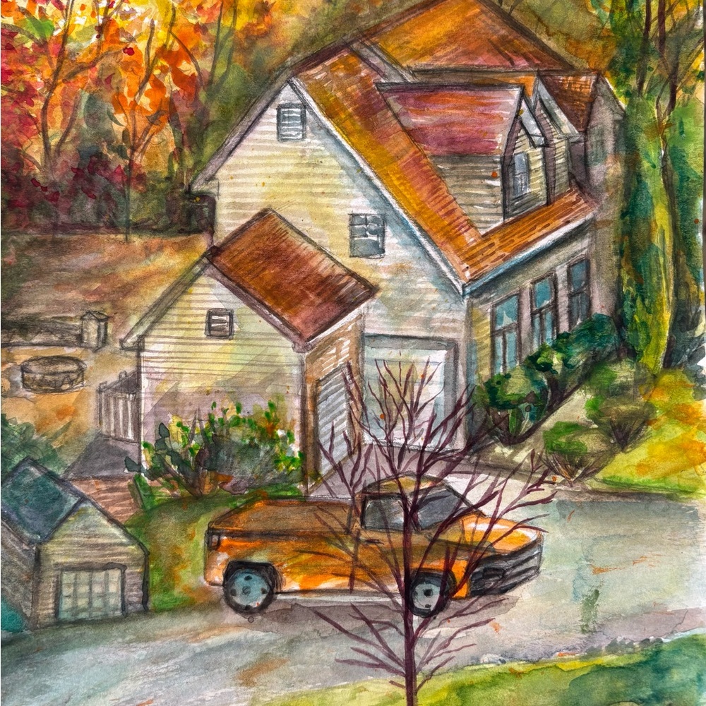 Rustic Autumn House Painting with Orange and Brown Accents